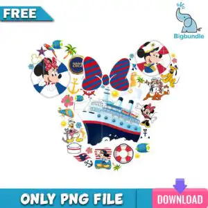 Mouse-eared silhouette collage filled with cruise ship, sailor characters and nautical icons with red bow and 2023