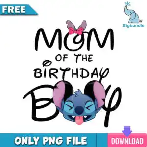 Hand-lettered Mom of the Birthday Boy text with cute blue alien face and pink bow