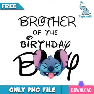 Brother of the birthday boy text with cute blue alien head winking and sticking tongue out