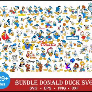 Grid preview of Donald Duck cartoon duck in 50+ poses with sailboat and birthday cake in blue red and yellow