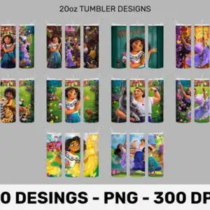 Encanto-inspired tumbler wrap bundle preview with curly-haired girl with glasses and family companions