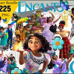Collage preview of Encanto characters including Mirabel with yellow butterfly, Isabela, Bruno and Casita house