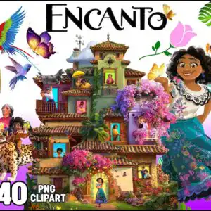 Colorful Encanto inspired clipart collage with Casita house, Mirabel and tropical flowers on white
