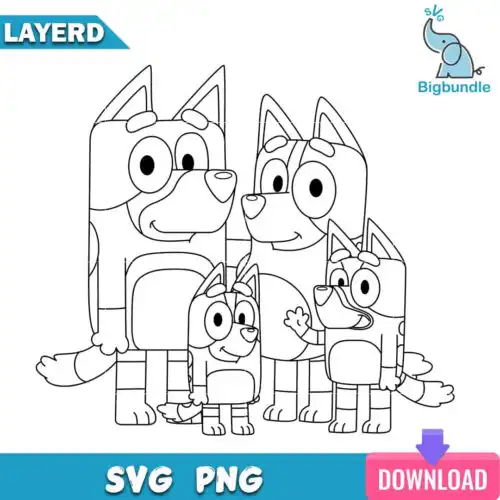 Family bluey happy outline svg, bluey svg, digital download.