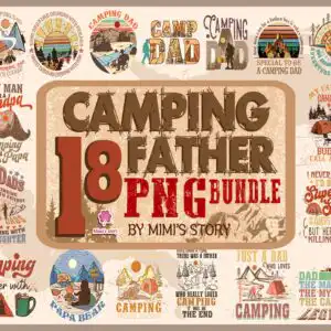 fathercampingpng5.99.jpg Collage preview sheet of 18 camping dad PNG designs with tent and mountain graphics