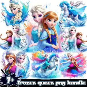 frozenqueenpngbundle.jpg Watercolor collage with two braided female figures, a white horse and a snowman on blue and pink splashes