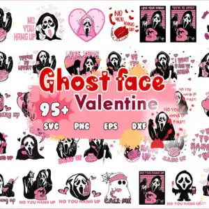 Ghostface Valentine collage with hooded masked figure holding pink phone and hearts