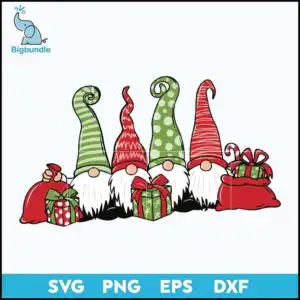 gnome-christmas-svg-png-dxf-eps-digital-file-281.jpg Four cartoon bearded gnomes with tall curled hats holding gift boxes and red sacks