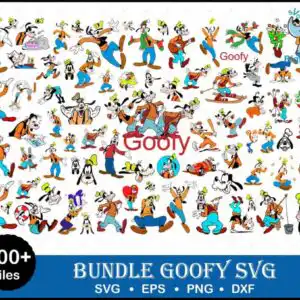 goofy-svg-bundle-layered-cut-file-disney-trip-shirt-388.jpg Collage preview of Goofy in 50 plus poses including skiing and driving red car in bright cartoon colors