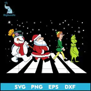 grinch-elf-santa-and-snowman-road-mery-christmas-svg-png-dxf-eps-digital-file-180.jpg Cartoon crosswalk with snowman, Santa, elf and green furry figure on white stripes