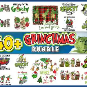 Green furry Grinch characters with Santa hat and bold Grinchmas text in Christmas bundle preview