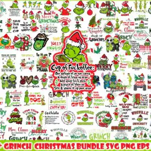Preview sheet collage of green furry character with Santa hat and Christmas text designs