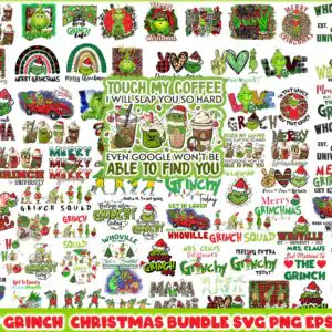 Collage of green furry creature Christmas designs with Santa hats, coffee cups, red truck and funny text phrases