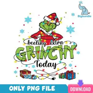 Green furry character in Santa outfit tangled in Christmas lights with Beeling Extra Grinchy Today text