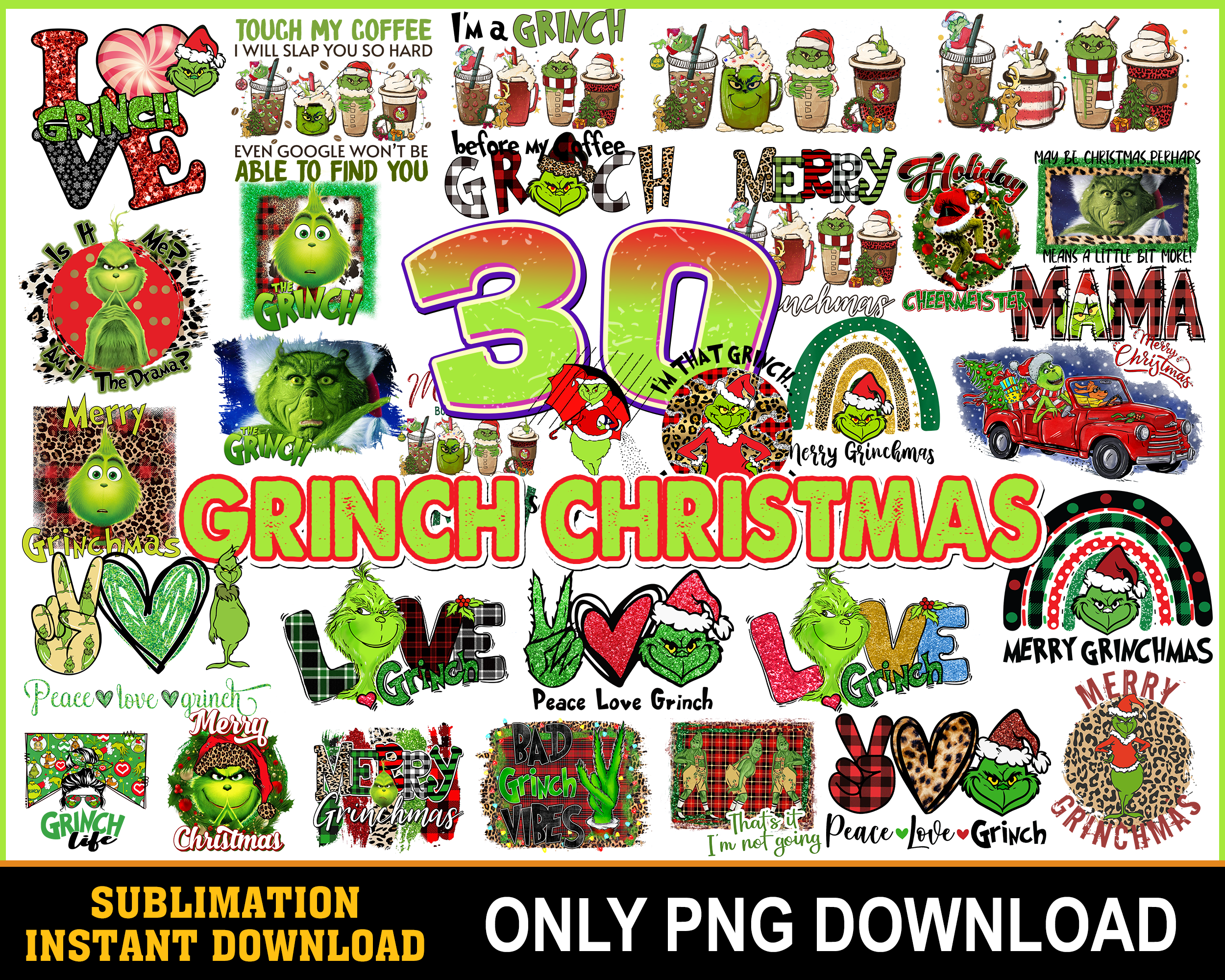 30 Grinch Christmas Bundle PNG, Grinch png 2022 bundle, Christmas Grinch digtial files