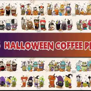 Cartoon Halloween iced coffee cups wearing witch hats with ghosts and pumpkins