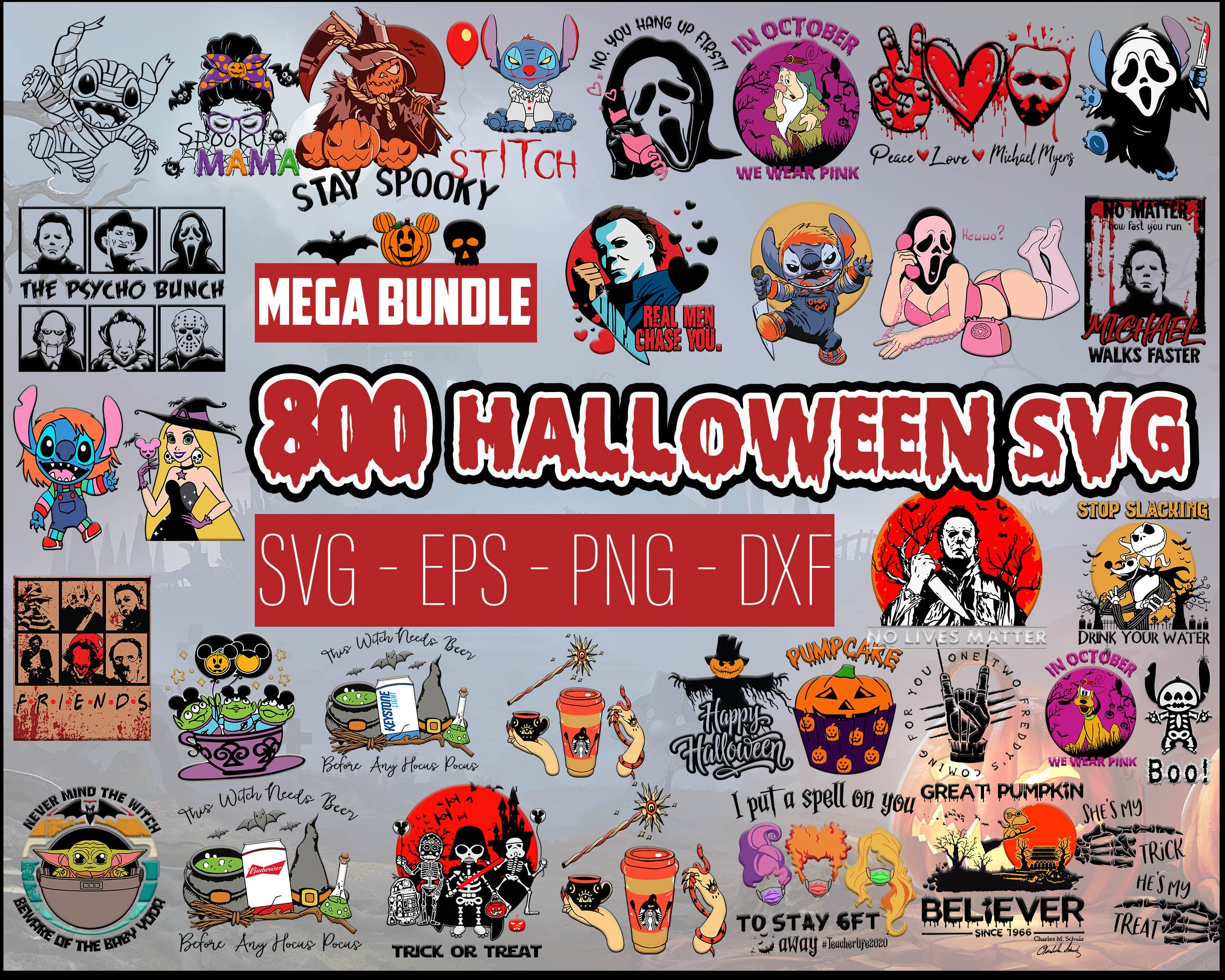 800+ Mega Halloween svg files, Halloween designs bundle in 4 formats png, svg, dxf, eps,, Digital files download.