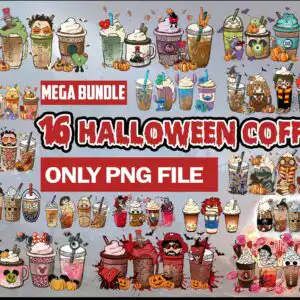 Halloween iced coffee cups with pumpkins, ghosts, bows and whipped cream in cartoon style
