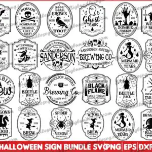 Vintage apothecary bottle Halloween sign badge set with skull, bat wings and witch brew labels
