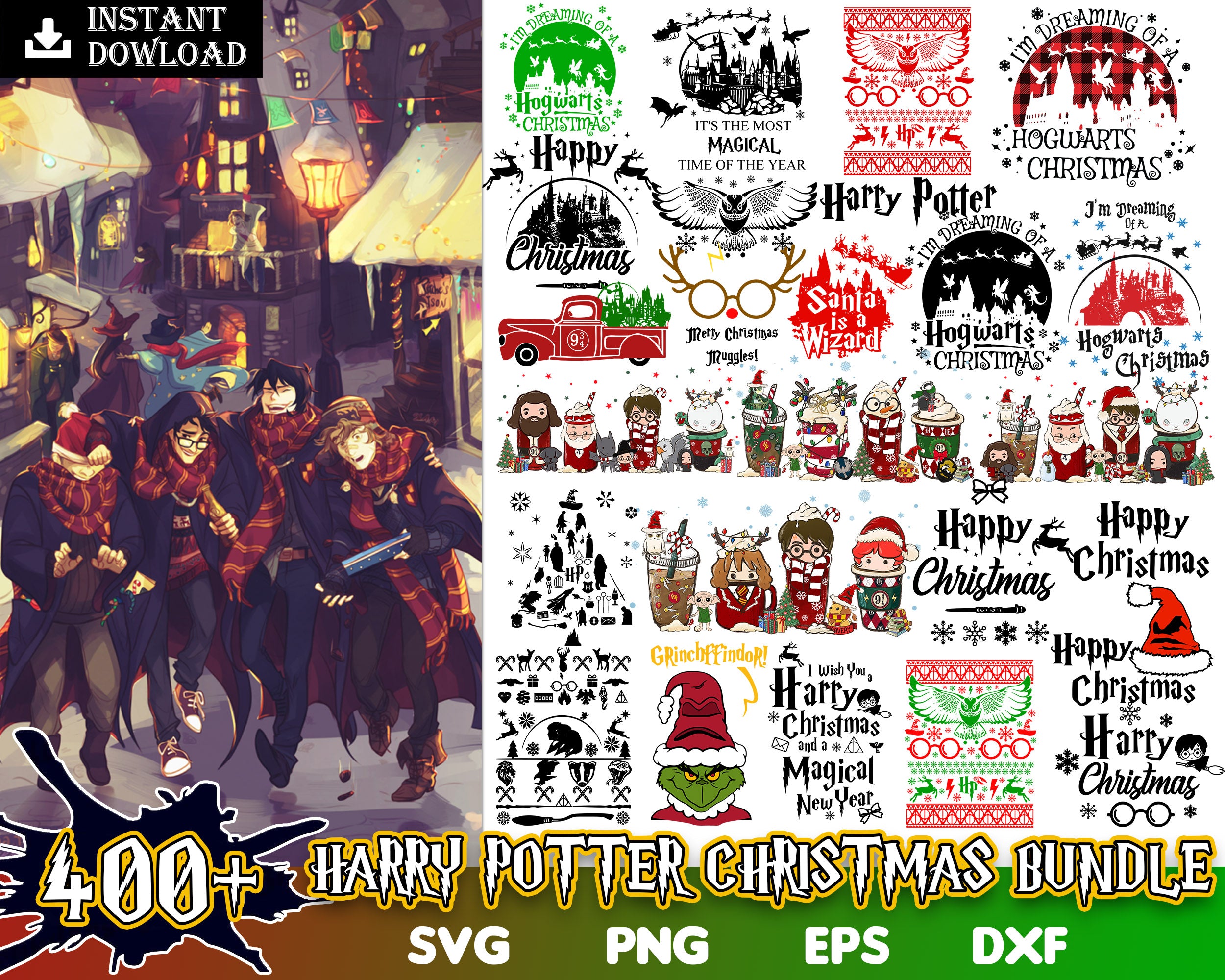 Version 2.0 - 400+ Harry Potter Christmas bundle , Harry Potter Christmas SVG, HP Xmas Svg Png Eps Dxf, Wizard world Svg, Digital files CRM05112206