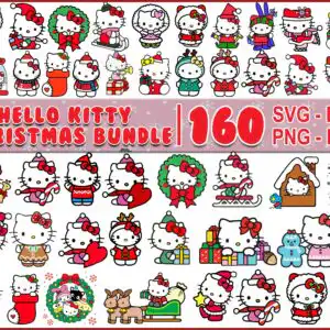 Cartoon cat characters in Santa hats, wreaths, stockings, sleighs and VERY MERRY text on white background