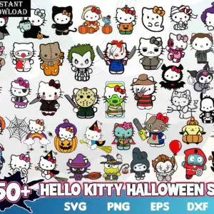 hellokittyhalloween150.jpg Flat cartoon cats in Halloween costumes with pumpkins, witch hats and BOO lettering