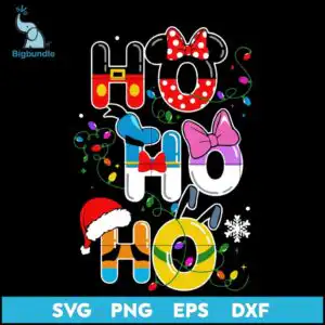 Festive Ho Ho Ho bubble lettering with polka-dot bows, Santa hat and blue cap on dark background