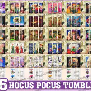 Halloween witch tumbler collection with witch figures, black cats, potion bottles and moons in purple and orange