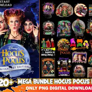 Collage of three costumed women witch characters with full moon, black cats and Hocus Pocus text