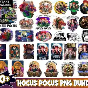 hocuspocusbundlepng30.jpg Grid of vintage Halloween designs showing three women in witch costumes with Hocus Pocus text