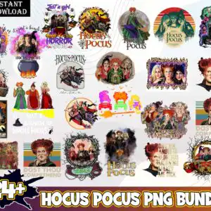 Halloween collage with witch figures, spell books and Hocus Pocus lettering in black and orange