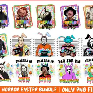 Cartoon horror masked figures wearing bunny ears with Easter eggs and chalkboard signs