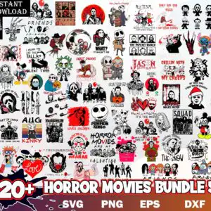 Collage of cartoon horror figures with masked characters, knives, pumpkins and spooky text banners