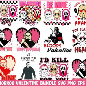Horror Valentine designs with masked figures and dripping pink hearts and BE MINE lettering