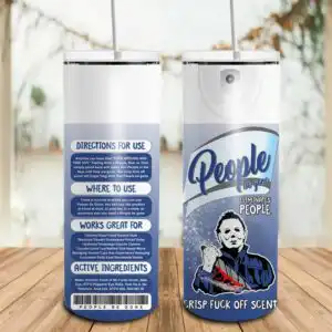 Halloween horror spray can label mockup with masked figure and People Be Gone text on blue background