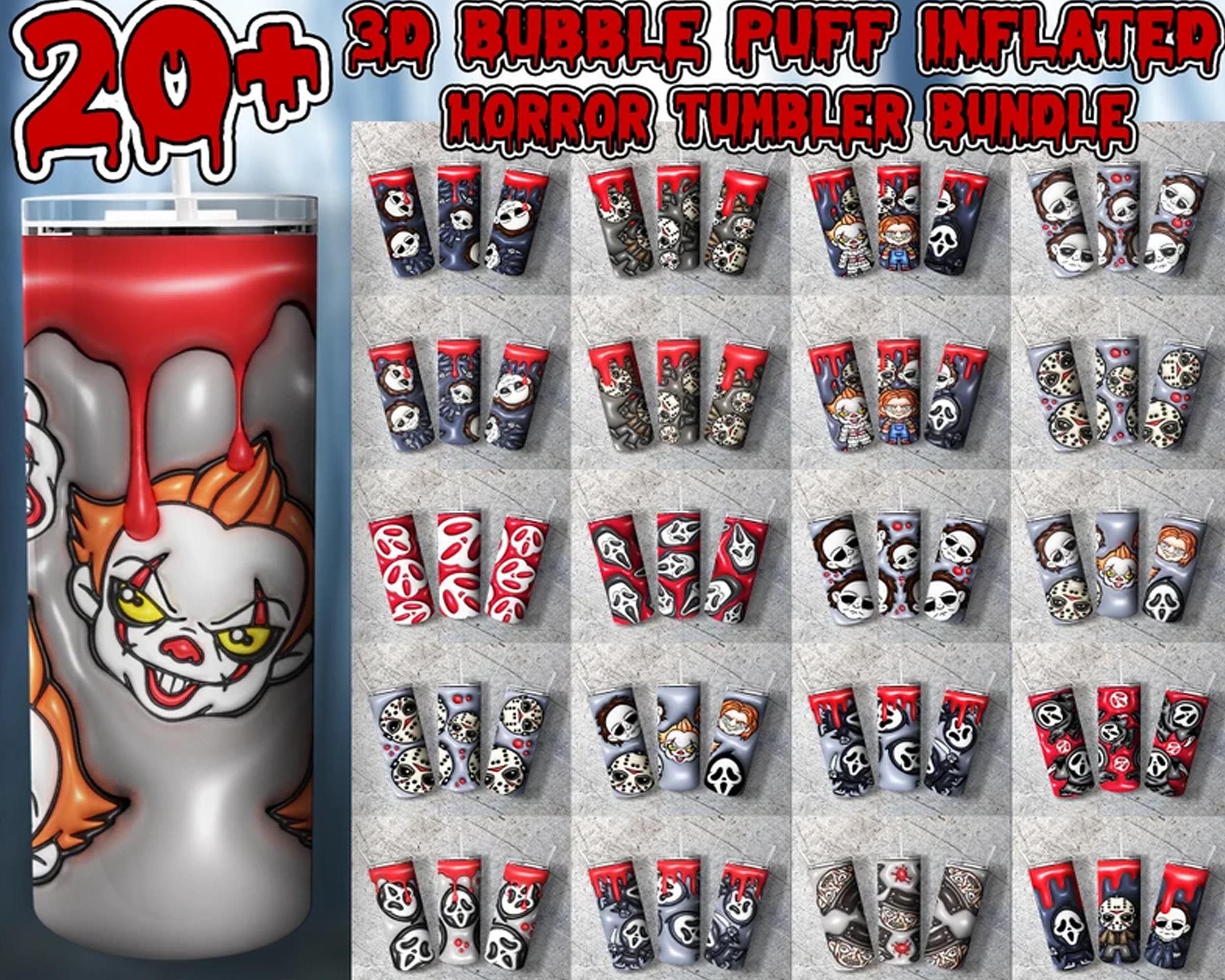 Horror puff inflated 20+3D Inflated Puff Tumbler bundle, Instant download