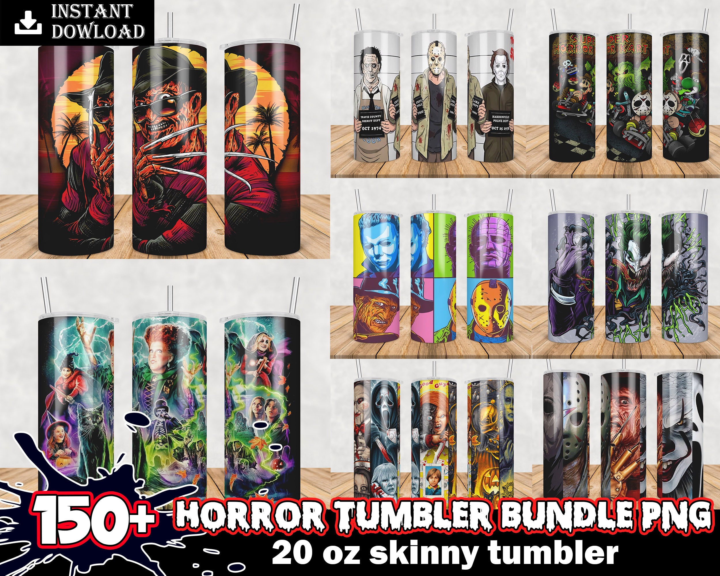 Horror Drink Tumbler Wrap 150+ designs skinny download tumbler file, Sublimation Designs for wraping