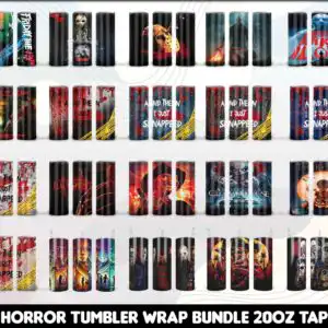 Horror themed tumbler wrap with FRIDAY THE 13TH text, blood splatter and caution tape