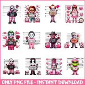 horrorvalentinebundle.jpg Grid of chibi horror-style valentine mugshot figures holding placard signs with roses and hearts