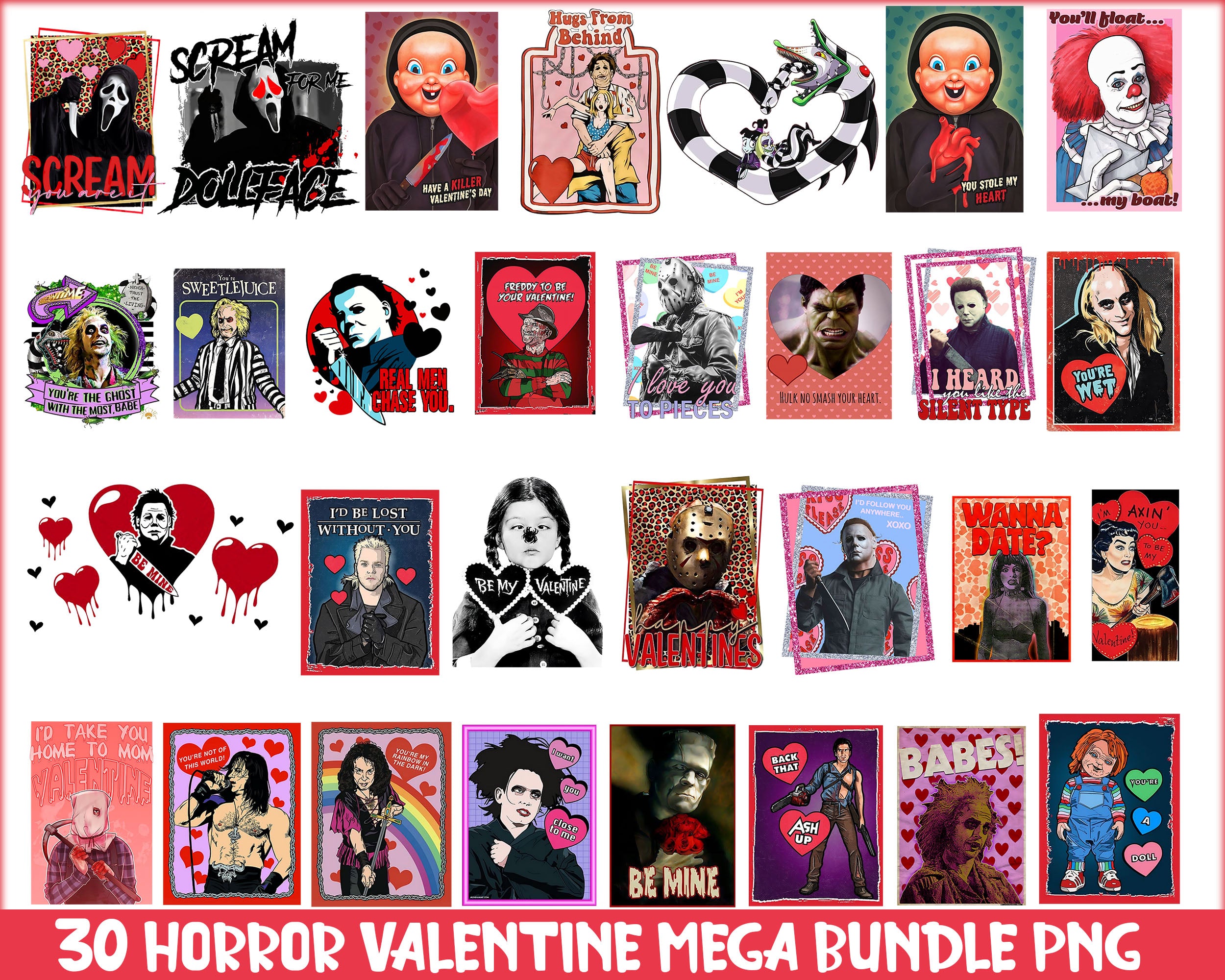 30 Horror Valentine bundle, Valentine's day PNG, Valentine files, Digital Design Download