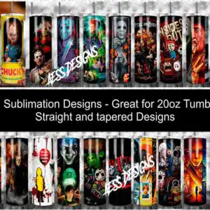 horrotumbler.jpg Horror tumbler wraps with masked figures, hockey masks and clown face in black and red