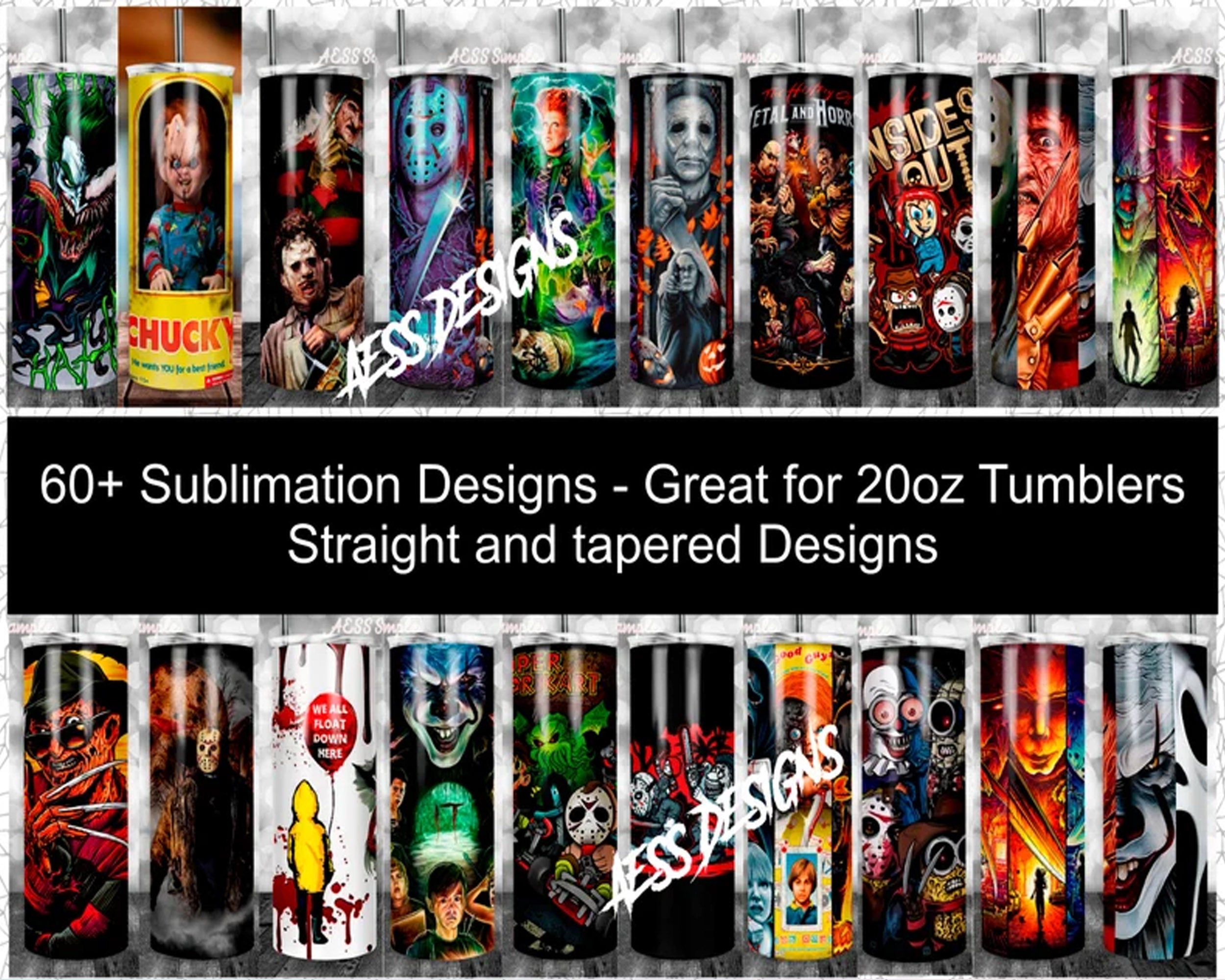 Horror Tumbler Wrap 60+ designs 20oz tapered and skinny download tumbler file Sublimation Design