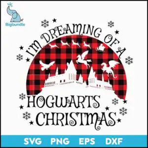 im-dreaming-of-a-hogwarts-christmas-svg-png-dxf-eps-digital-file-917.jpg I'm Dreaming Of A Hogwarts Christmas text with castle and flying creatures in red buffalo check circle