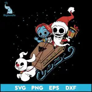 Cartoon Jack Skellington with Santa hat and Sally in coffin sleigh pulled by ghost dog with gift box