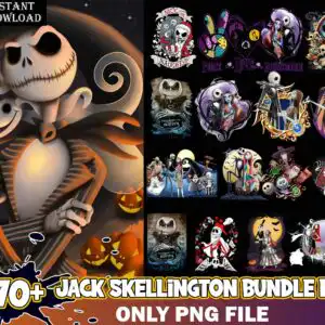 Tall thin skeleton in pinstripe suit and bow tie with small ghost dog and carved pumpkins on dark background