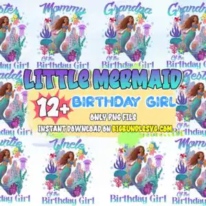 littlemermaidbirthday5.991.jpg Cute cartoon mermaid with brown hair and teal tail family birthday PNG set