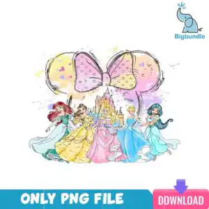 Watercolor-style illustration of five Disney princesses in front of a castle, framed by a polka-dot bow in pastel colours