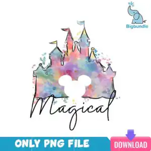 magicdisneypng_4.png Watercolor castle silhouette with turrets, flags and a Mickey Mouse head cutout, with the word Magical in script lettering