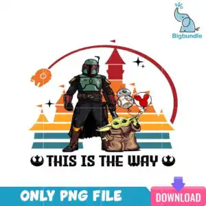 Illustrated armored figure with cape beside green large-eared infant holding balloons with THIS IS THE WAY text and sunset