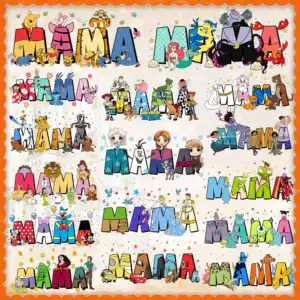 mamacartoonpngbundle.jpg Grid of 16 MAMA word art designs filled with cartoon bears, mermaids and dinosaurs in bright colors